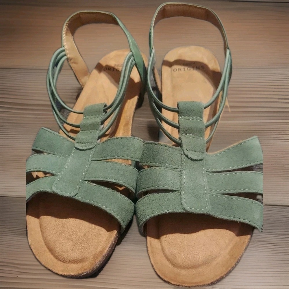 Earth Origins Leather Sling-Back Sandals Laney Dark Mint Strappy Boho Y2k Sz 11